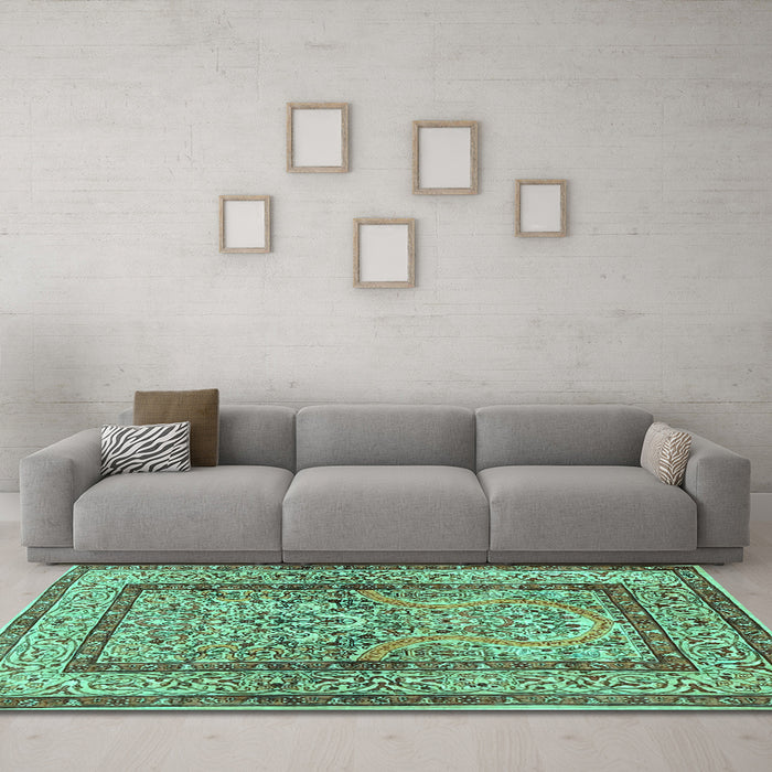 Machine Washable Animal Turquoise Traditional Area Rugs in a Living Room,, wshtr4773turq