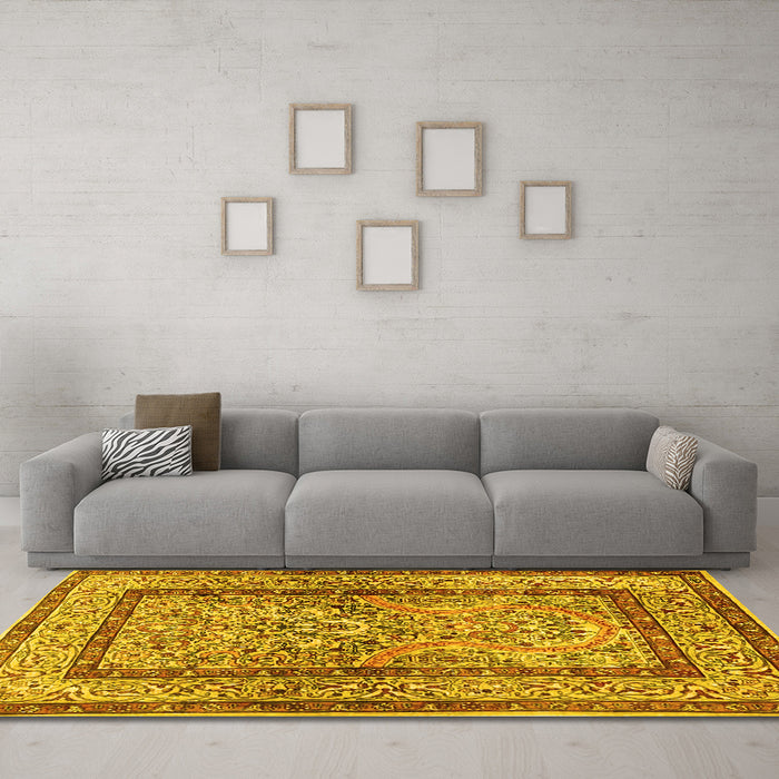 Machine Washable Animal Yellow Traditional Rug in a Living Room, wshtr4773yw