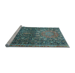 Sideview of Machine Washable Medallion Light Blue Traditional Rug, wshtr4774lblu