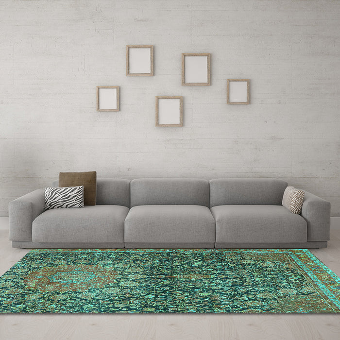 Machine Washable Medallion Turquoise Traditional Area Rugs in a Living Room,, wshtr4774turq