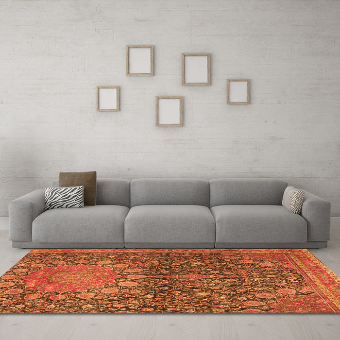 Machine Washable Medallion Orange Traditional Area Rugs in a Living Room, wshtr4774org