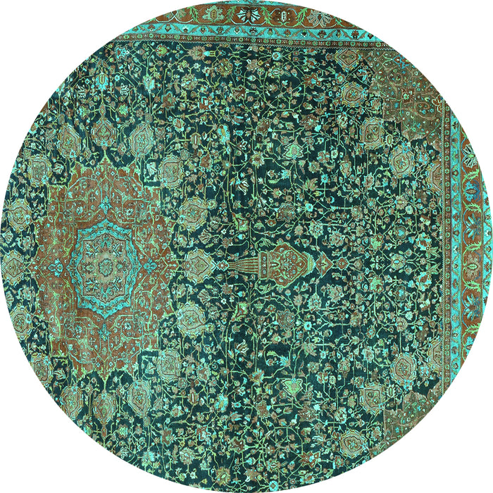 Round Machine Washable Medallion Turquoise Traditional Area Rugs, wshtr4774turq
