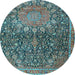 Round Machine Washable Medallion Light Blue Traditional Rug, wshtr4774lblu