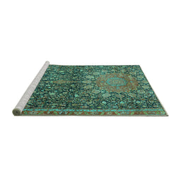 Sideview of Machine Washable Medallion Turquoise Traditional Area Rugs, wshtr4774turq