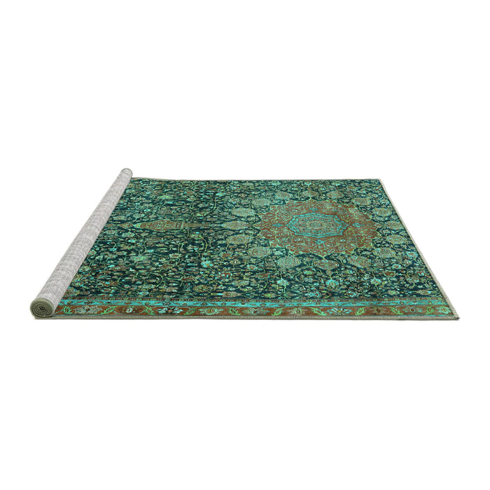 Sideview of Machine Washable Medallion Turquoise Traditional Area Rugs, wshtr4774turq