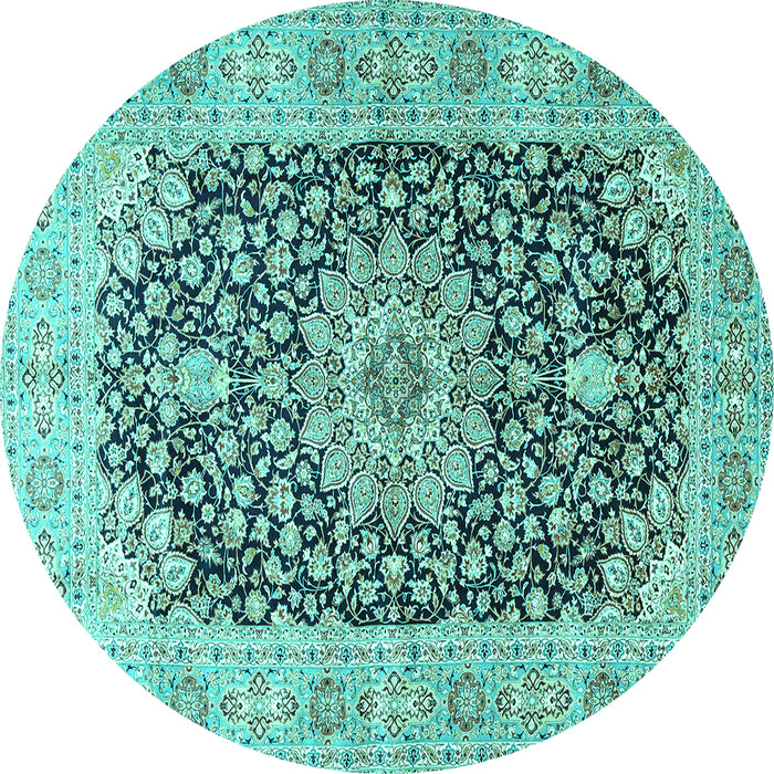 Round Machine Washable Medallion Turquoise Traditional Area Rugs, wshtr4775turq