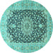 Round Machine Washable Medallion Turquoise Traditional Area Rugs, wshtr4775turq