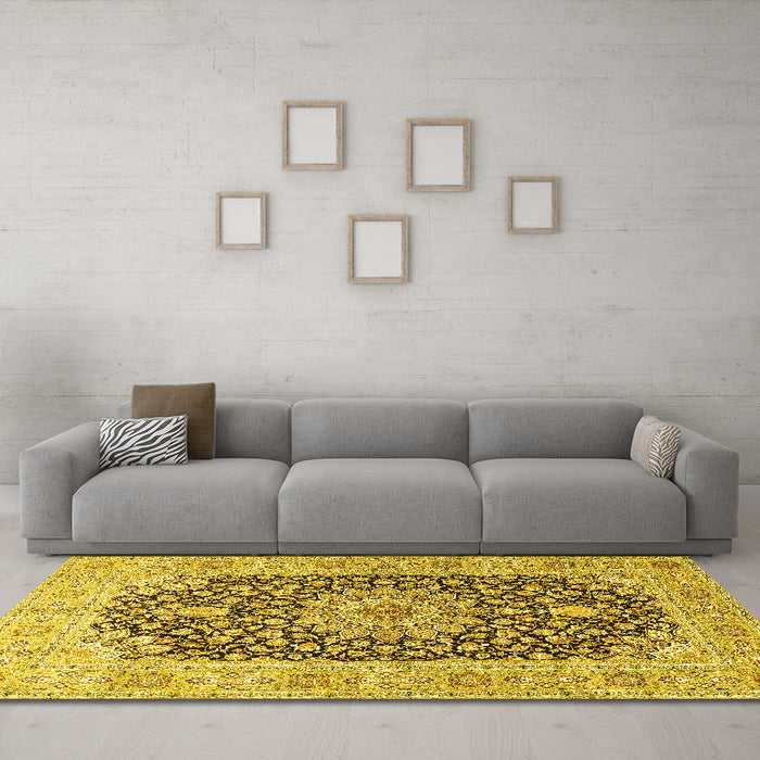 Machine Washable Medallion Yellow Traditional Rug in a Living Room, wshtr4775yw