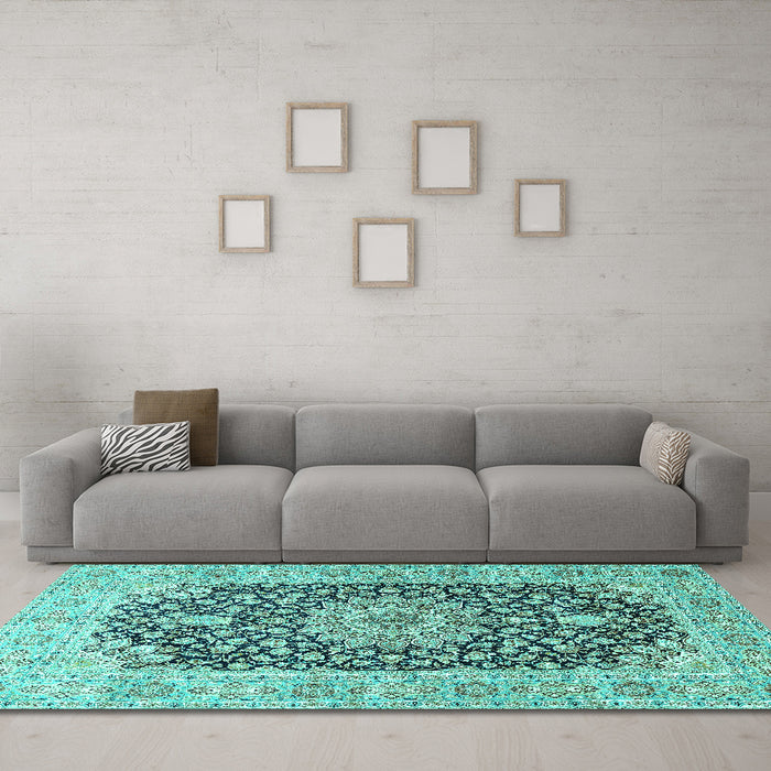 Machine Washable Medallion Turquoise Traditional Area Rugs in a Living Room,, wshtr4775turq