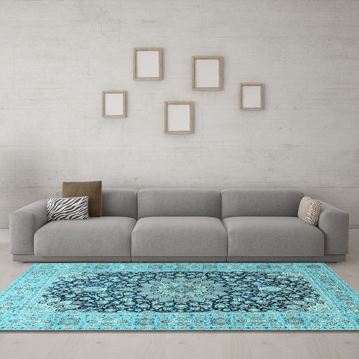 Machine Washable Medallion Light Blue Traditional Rug in a Living Room, wshtr4775lblu