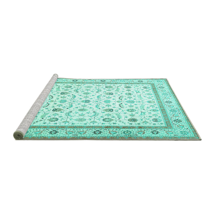 Sideview of Machine Washable Persian Turquoise Traditional Area Rugs, wshtr4776turq