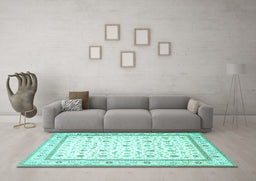 Machine Washable Persian Turquoise Traditional Area Rugs in a Living Room,, wshtr4776turq
