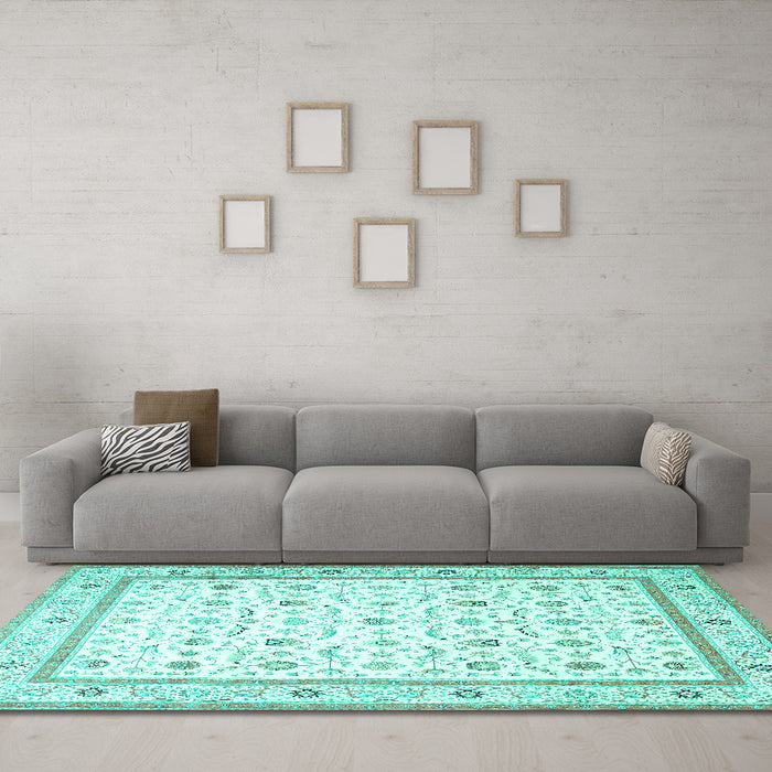 Machine Washable Persian Turquoise Traditional Area Rugs in a Living Room,, wshtr4776turq
