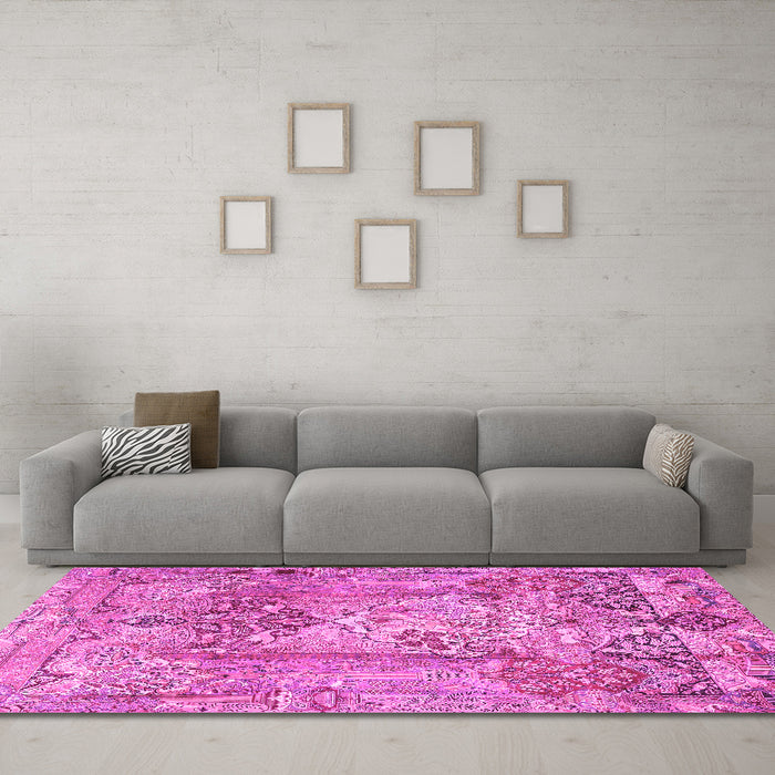 Machine Washable Persian Pink Traditional Rug in a Living Room, wshtr4777pnk