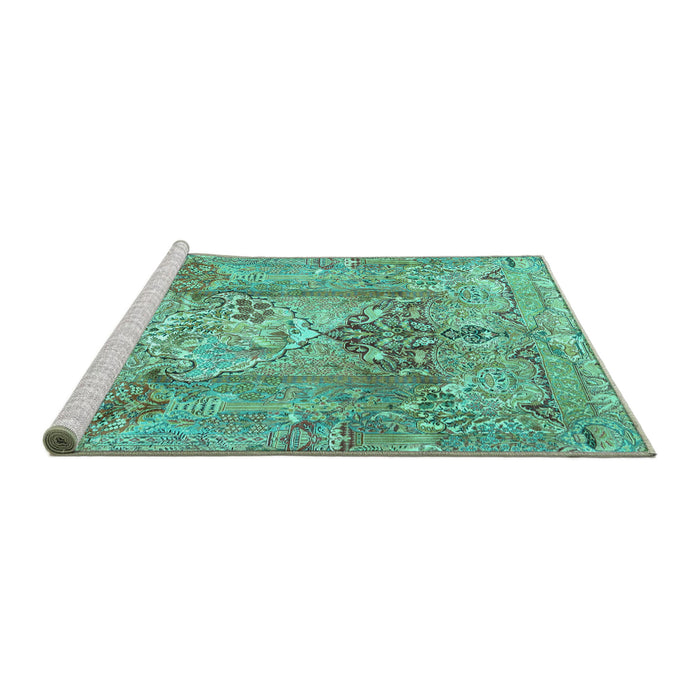 Sideview of Machine Washable Persian Turquoise Traditional Area Rugs, wshtr4777turq