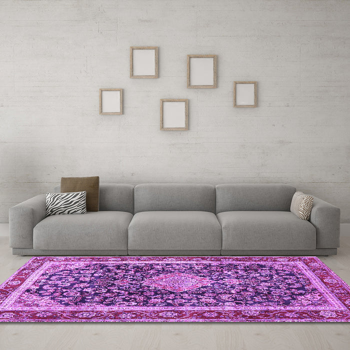 Machine Washable Medallion Purple Traditional Area Rugs in a Living Room, wshtr4778pur
