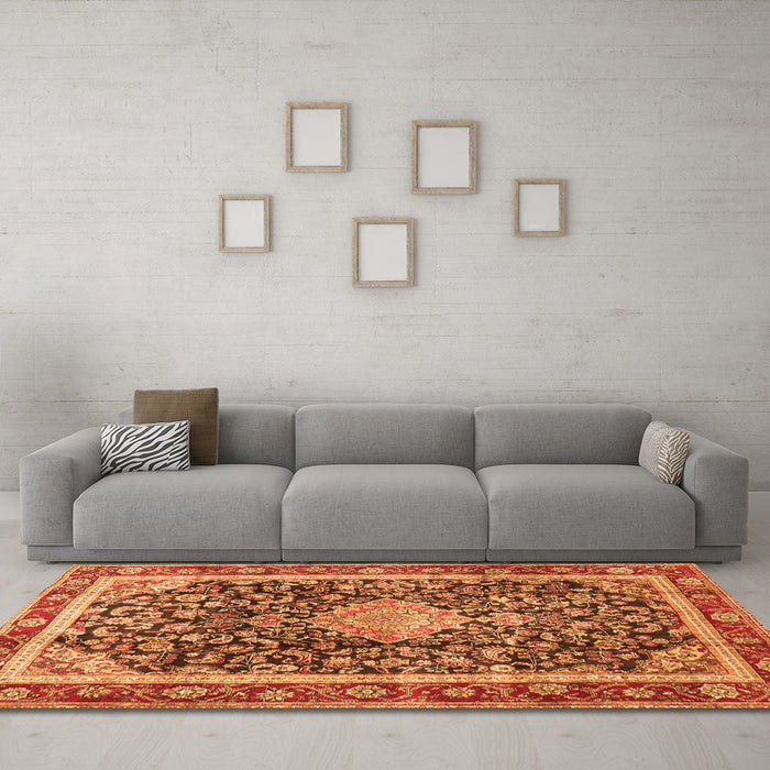 Machine Washable Medallion Orange Traditional Area Rugs in a Living Room, wshtr4778org