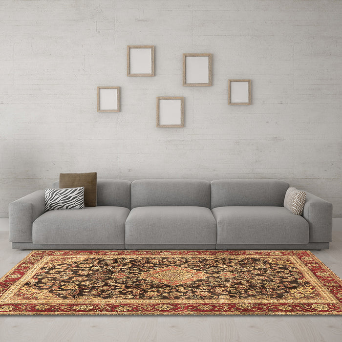 Machine Washable Medallion Brown Traditional Rug in a Living Room,, wshtr4778brn