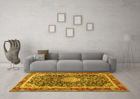 Machine Washable Medallion Yellow Traditional Rug, wshtr4778yw