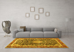 Machine Washable Medallion Yellow Traditional Rug in a Living Room, wshtr4778yw