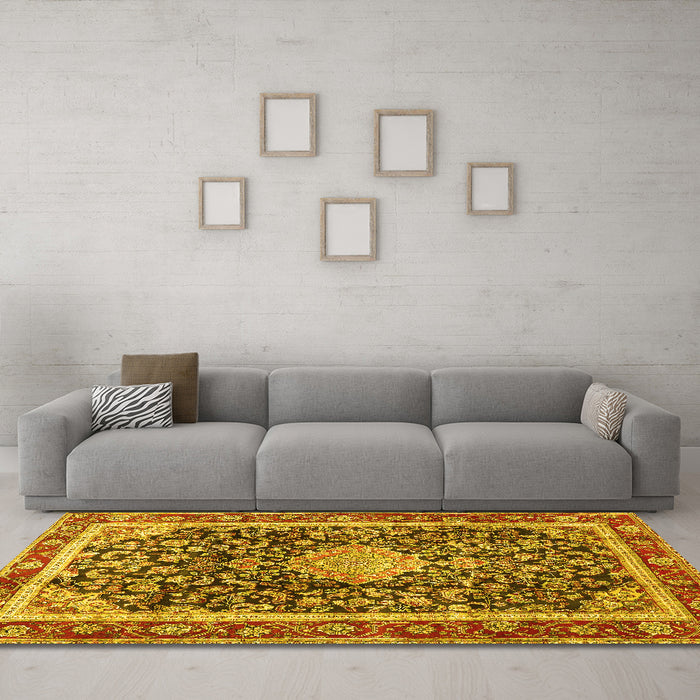 Machine Washable Medallion Yellow Traditional Rug in a Living Room, wshtr4778yw