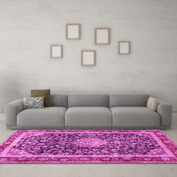 Machine Washable Medallion Pink Traditional Rug in a Living Room, wshtr4778pnk
