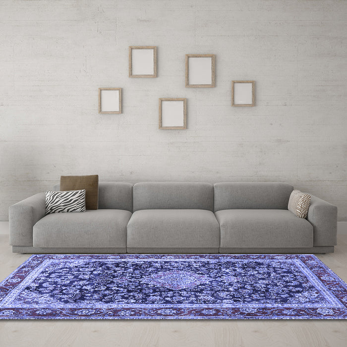 Machine Washable Medallion Blue Traditional Rug in a Living Room, wshtr4778blu