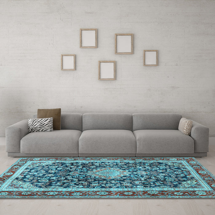 Machine Washable Medallion Light Blue Traditional Rug in a Living Room, wshtr4778lblu