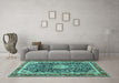 Machine Washable Medallion Turquoise Traditional Area Rugs in a Living Room,, wshtr4778turq