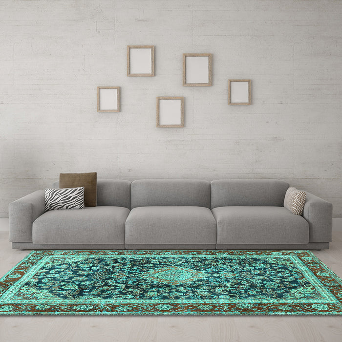 Machine Washable Medallion Turquoise Traditional Area Rugs in a Living Room,, wshtr4778turq