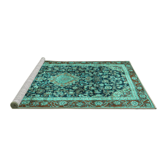 Sideview of Machine Washable Medallion Turquoise Traditional Area Rugs, wshtr4778turq