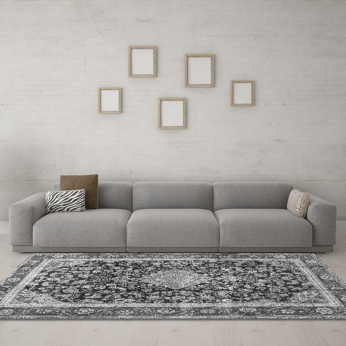 Machine Washable Medallion Gray Traditional Rug in a Living Room,, wshtr4778gry