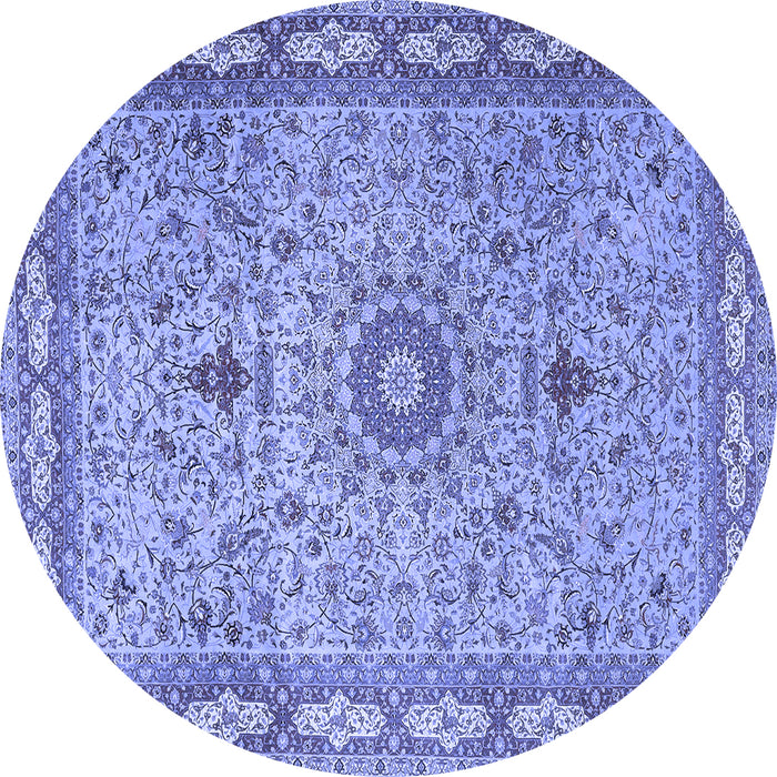 Round Machine Washable Medallion Blue Traditional Rug, wshtr4779blu