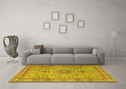 Machine Washable Medallion Yellow Traditional Rug in a Living Room, wshtr4779yw