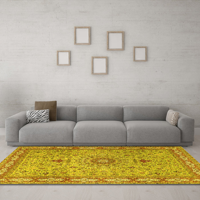Machine Washable Medallion Yellow Traditional Rug in a Living Room, wshtr4779yw