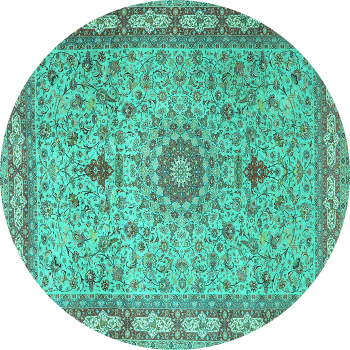 Round Machine Washable Medallion Turquoise Traditional Area Rugs, wshtr4779turq