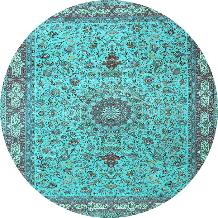 Round Machine Washable Medallion Light Blue Traditional Rug, wshtr4779lblu