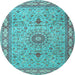 Round Machine Washable Medallion Light Blue Traditional Rug, wshtr4779lblu