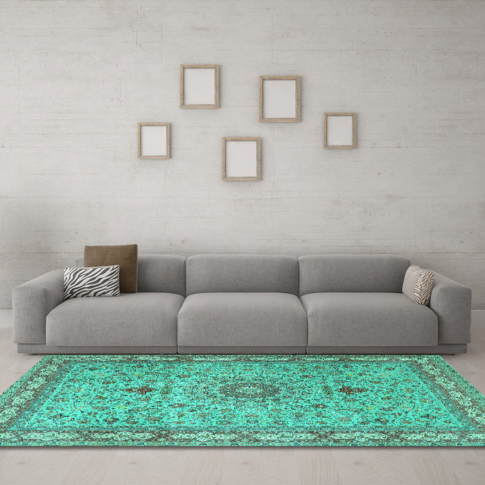 Machine Washable Medallion Turquoise Traditional Area Rugs in a Living Room,, wshtr4779turq