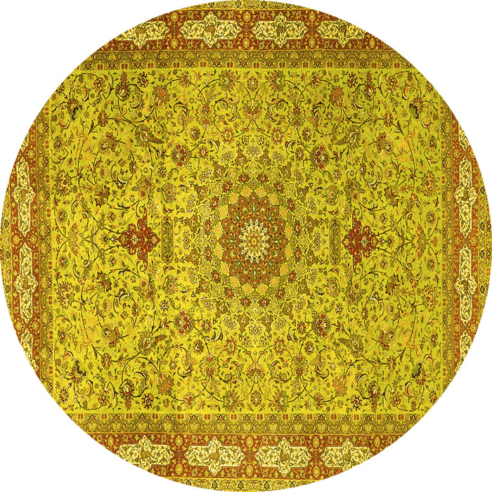 Round Machine Washable Medallion Yellow Traditional Rug, wshtr4779yw