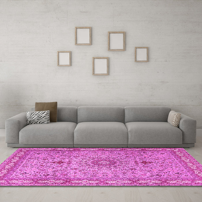 Machine Washable Medallion Pink Traditional Rug in a Living Room, wshtr4779pnk