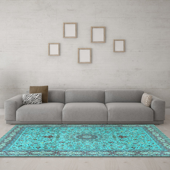 Machine Washable Medallion Light Blue Traditional Rug in a Living Room, wshtr4779lblu