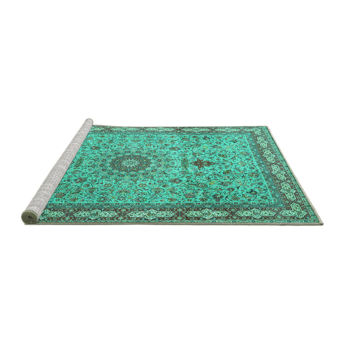 Sideview of Machine Washable Medallion Turquoise Traditional Area Rugs, wshtr4779turq