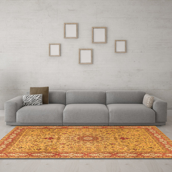 Machine Washable Medallion Orange Traditional Area Rugs in a Living Room, wshtr4779org