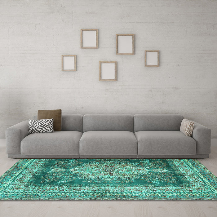 Machine Washable Persian Turquoise Traditional Area Rugs in a Living Room,, wshtr4781turq