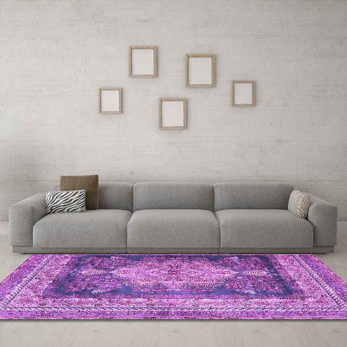 Machine Washable Persian Purple Traditional Area Rugs in a Living Room, wshtr4781pur