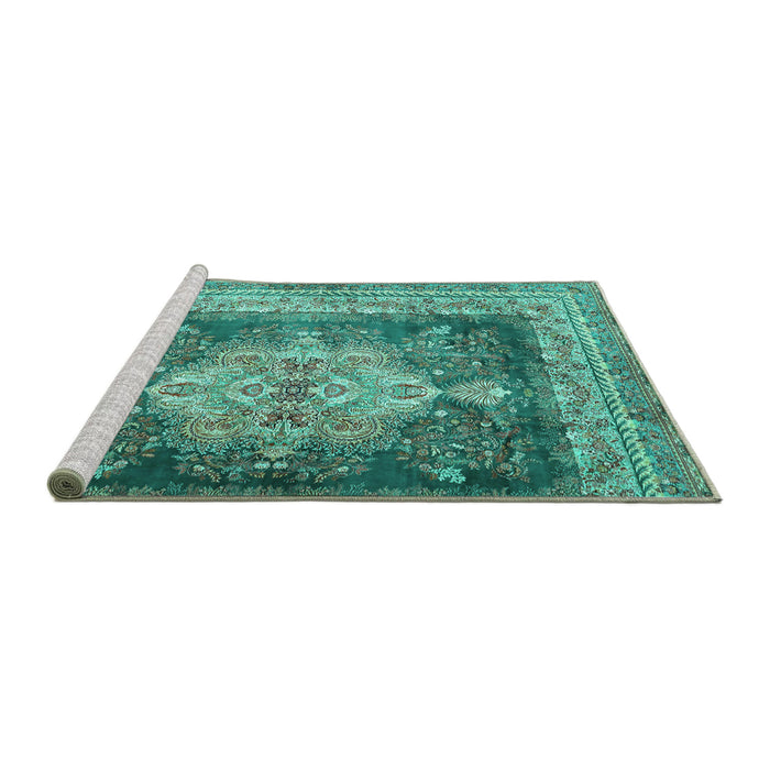 Sideview of Machine Washable Persian Turquoise Traditional Area Rugs, wshtr4781turq