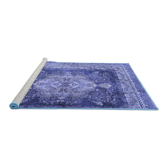 Sideview of Machine Washable Persian Blue Traditional Rug, wshtr4781blu