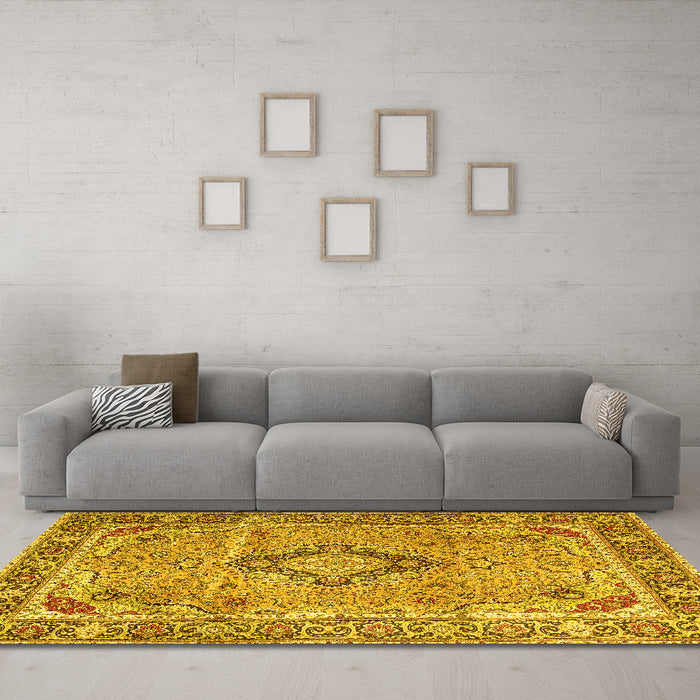 Machine Washable Persian Yellow Traditional Rug in a Living Room, wshtr4782yw