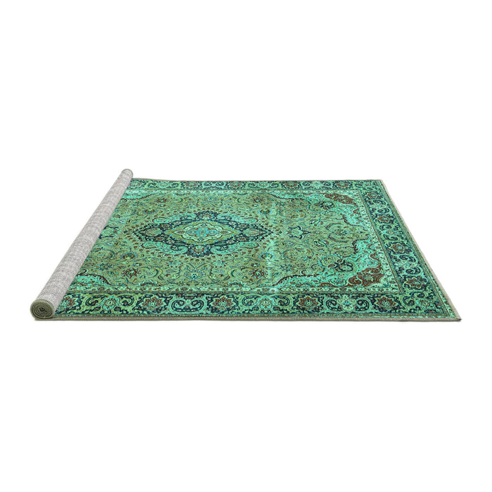 Sideview of Machine Washable Persian Turquoise Traditional Area Rugs, wshtr4782turq